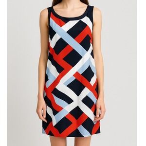 Ann Taylor Navy Blue Red White Multi‎ Geometric Sleeveless Sheath Dress XL
